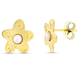 Pendientes oro 18k flor 12mm. centro madreperla detalle dibujos cierr