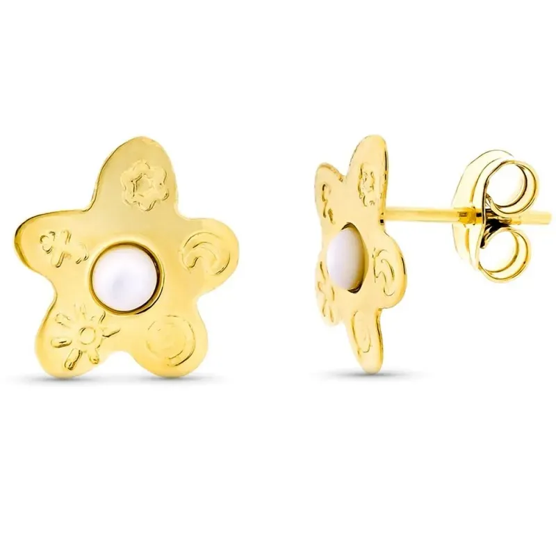 Pendientes oro 18k flor 12mm. centro madreperla detalle dibujos cierr