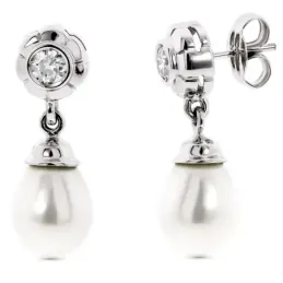 Pendientes oro blanco 18k chatón flor perla cultivadas colgando circo