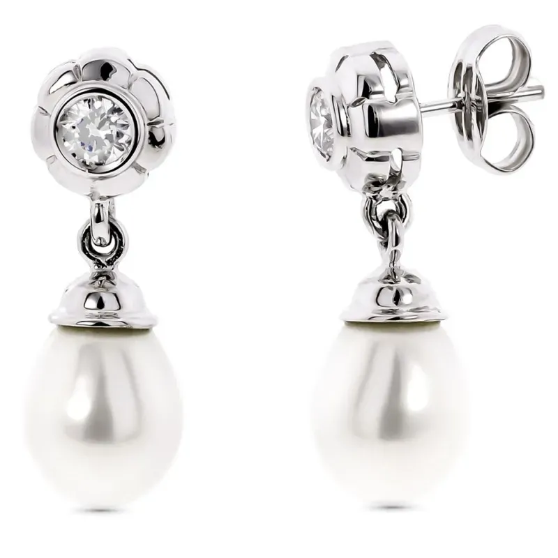 Pendientes oro blanco 18k chatón flor perla cultivadas colgando circo