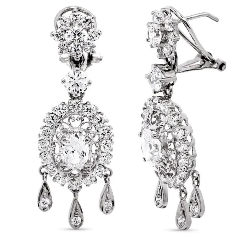 Pendientes oro blanco 18k largos 42mm. formas circonitas colgando cie