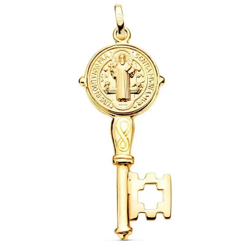 Colgante oro 18k llave escapulario 33mm. San Benito monje brillo