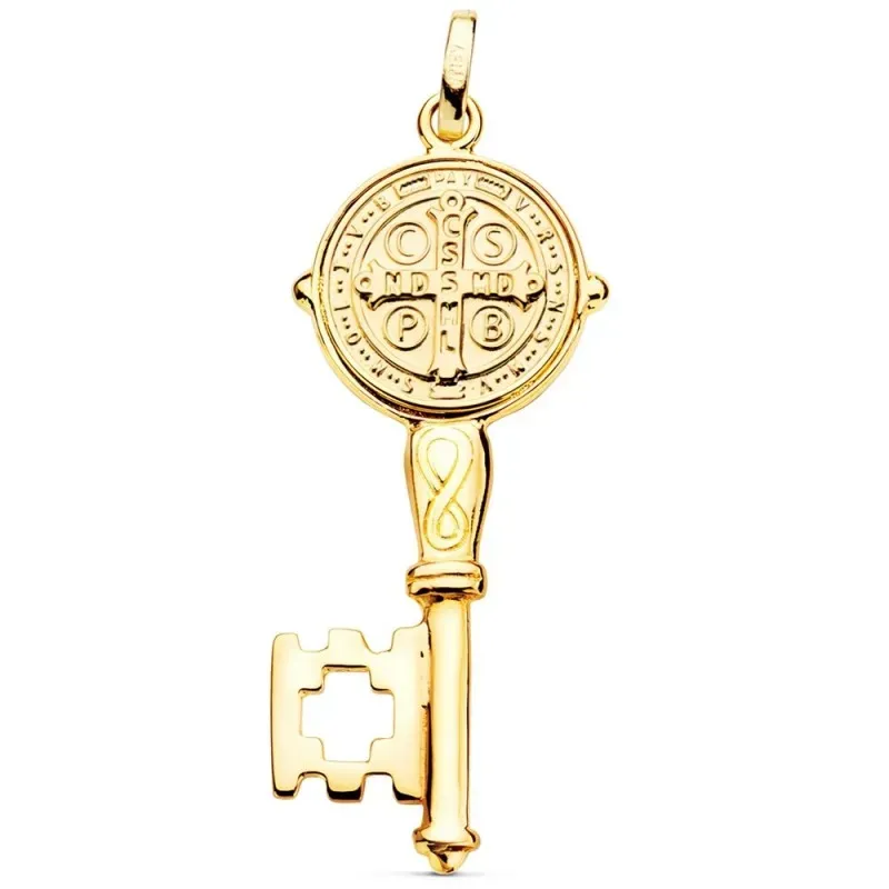 Colgante oro 18k llave escapulario 33mm. San Benito monje brillo