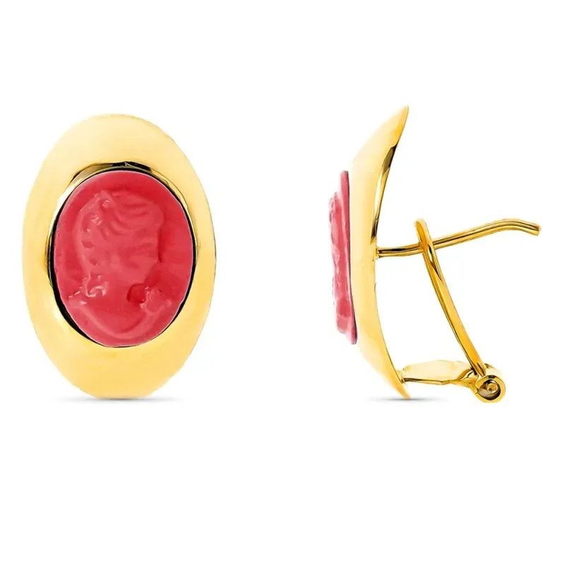 Pendientes oro 18k camafeo coralina 20mm. oval cierre omega