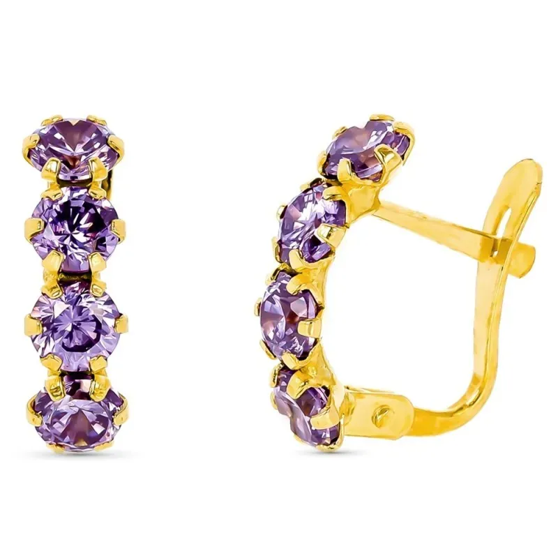 Pendientes oro 18k curvos 13mm. circonitas moradas garras cierre cata