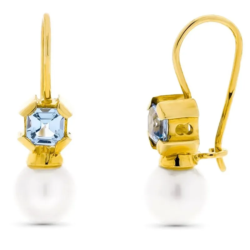 Pendientes oro 18k mujer perla cultivada 7mm. piedra azul agua cierre