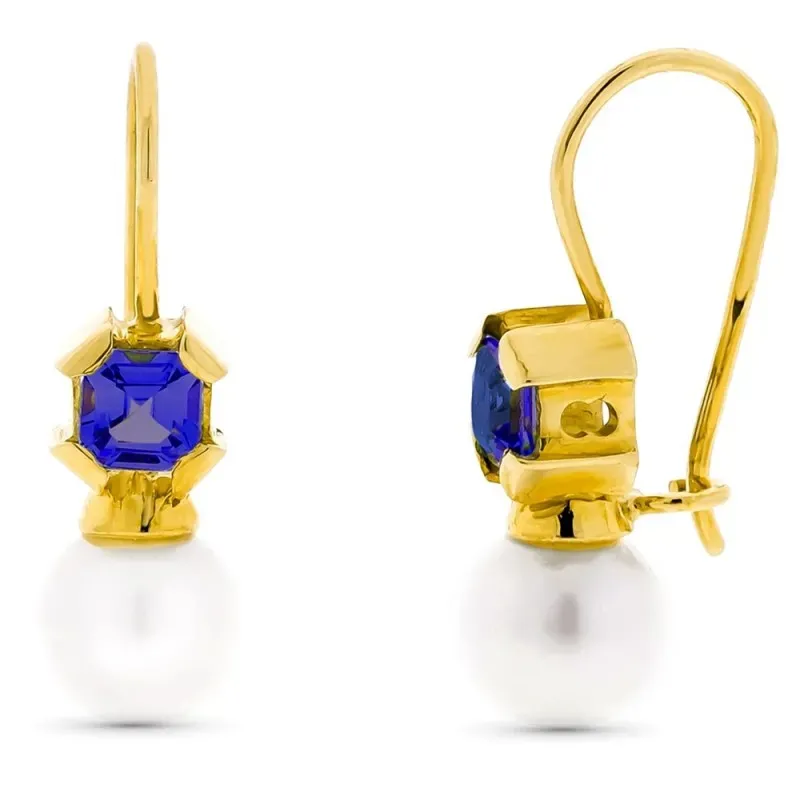 Pendientes oro 18k mujer perla cultivada 7mm. piedra morada cierre hi