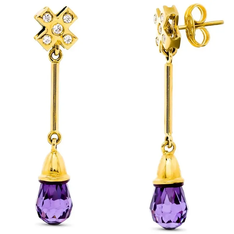 Pendientes oro 18k largos cruz circonitas barra piedra morada colgand
