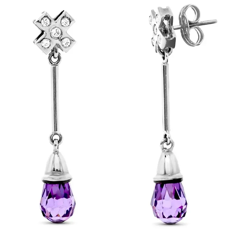 Pendientes oro blanco 18k largos cruz circonitas barra piedra morada