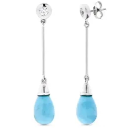 Pendientes oro blanco 18k largos chatón circonita barra turquesa reco