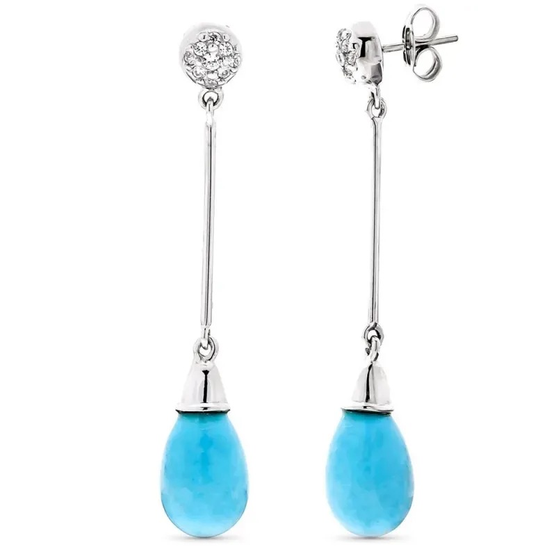 Pendientes oro blanco 18k largos circonitas barra turquesa reconstitu