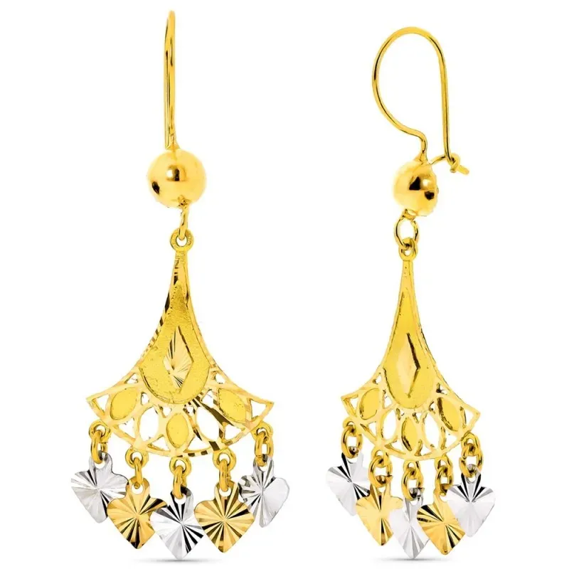 Pendientes oro bicolor 18k largos detalles tallados corazones colgand