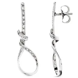 Pendientes oro blanco 18k largos 41mm. forma lazo nudo detalle circon