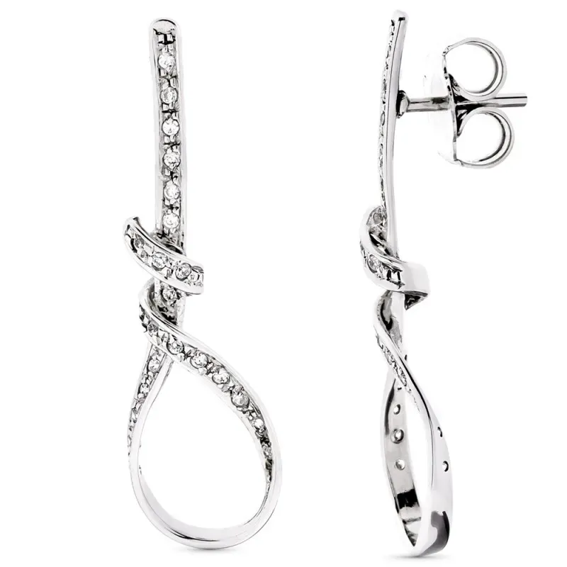 Pendientes oro blanco 18k largos 41mm. forma lazo nudo detalle circon