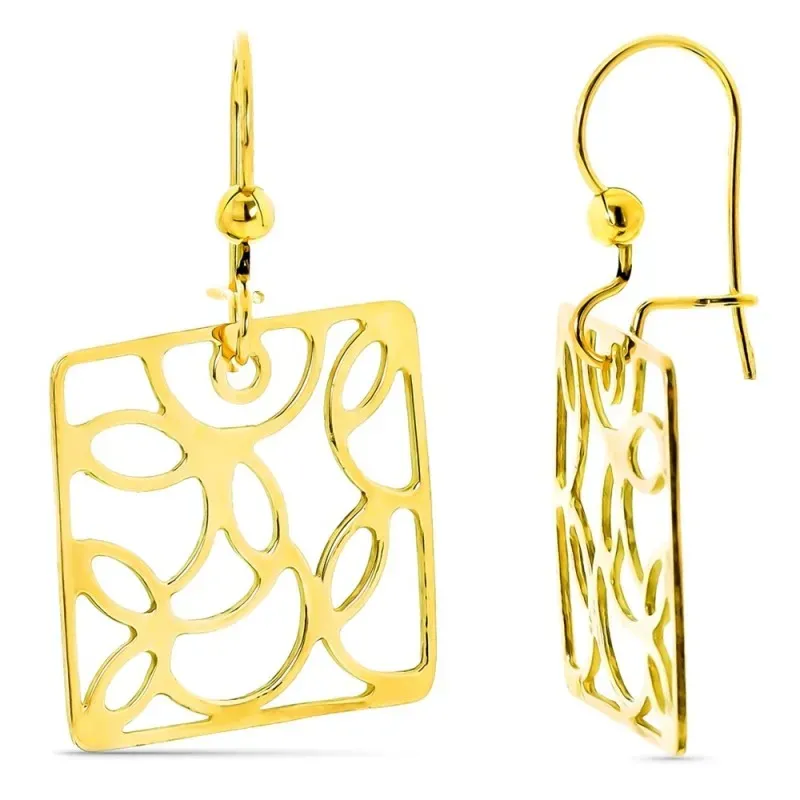 Pendientes oro 18k cuadrados interior formas caladas cierre hippie co