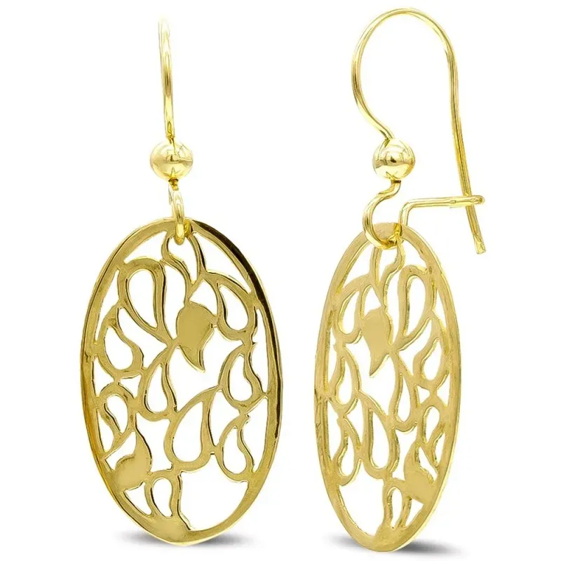 Pendientes oro 18k ovales interior formas caladas cierre hippie con g
