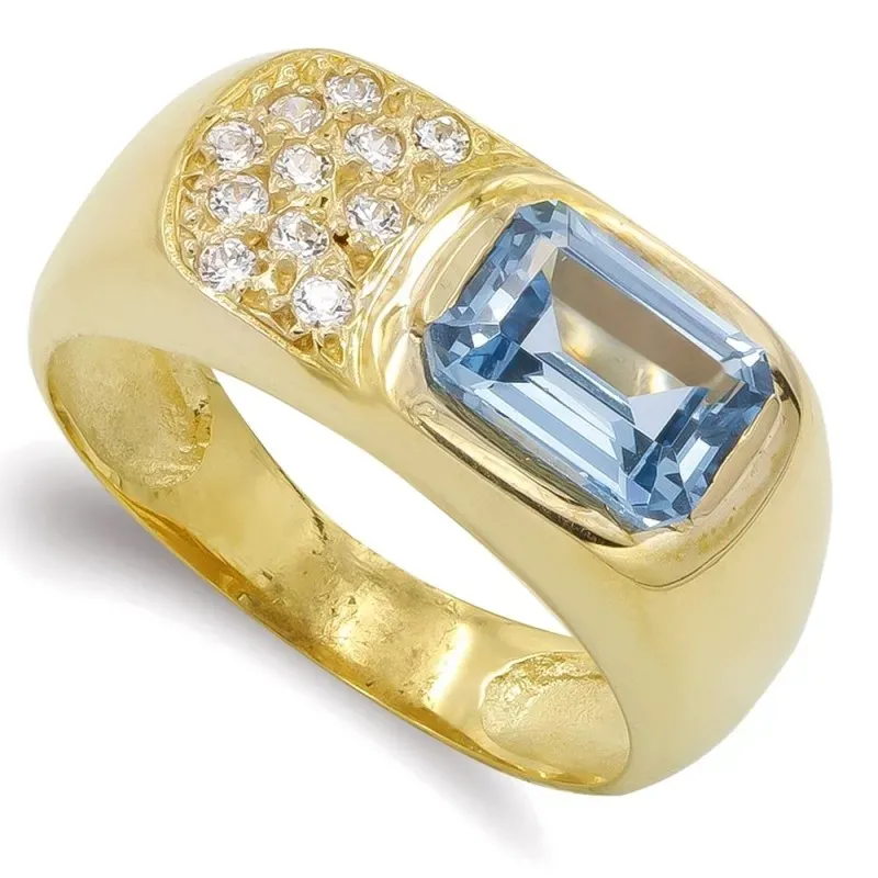 Sortija oro 18k mujer detalle piedra azul agua circonitas estilo sell