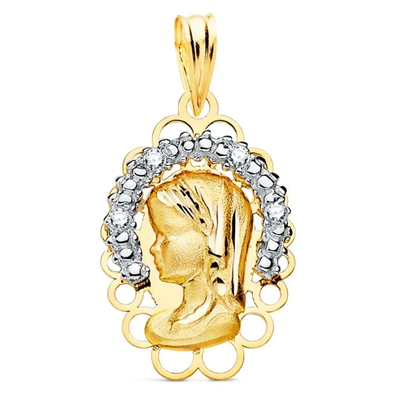 Medalla oro bicolor 18k Virgen Niña 21mm. silueta corona circonitas f