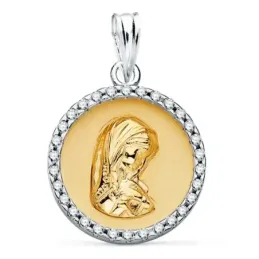 Medalla oro bicolor 18k Virgen Niña 16mm. cerco circonitas fondo liso