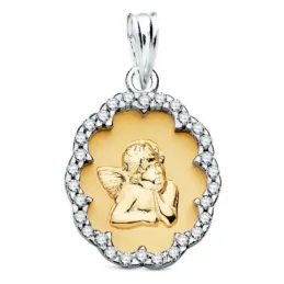 Medalla oro bicolor 18k angelito burlón 17mm. cerco forma circonitas