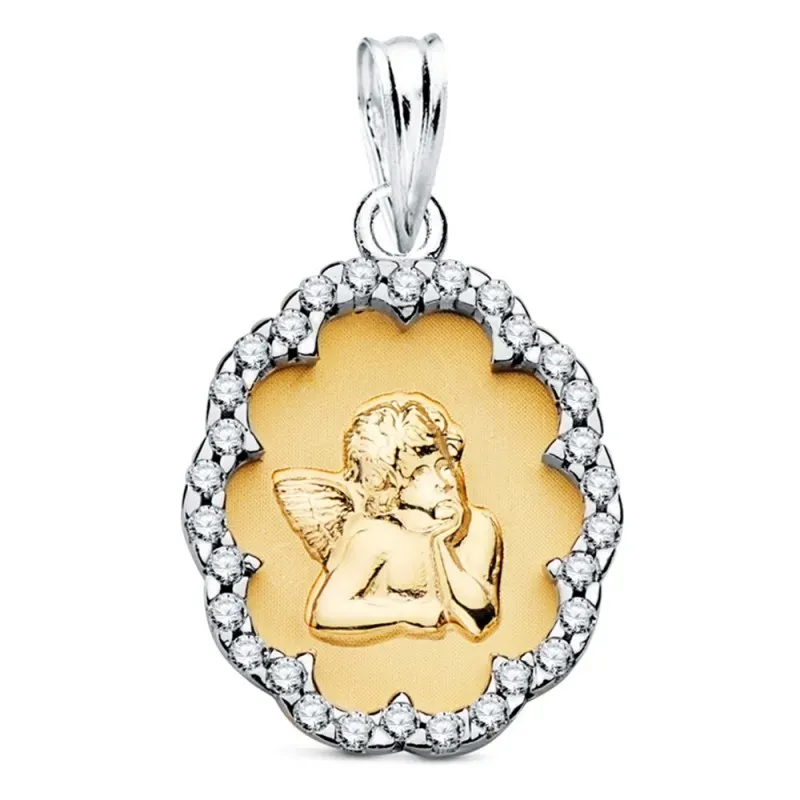 Medalla oro bicolor 18k angelito burlón 17mm. cerco forma circonitas