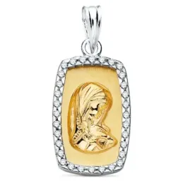 Medalla oro bicolor 18k Virgen Niña 18mm. cerco forma circonitas fond