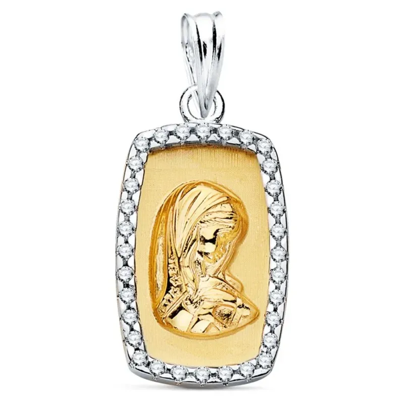 Medalla oro bicolor 18k Virgen Niña 18mm. cerco forma circonitas fond