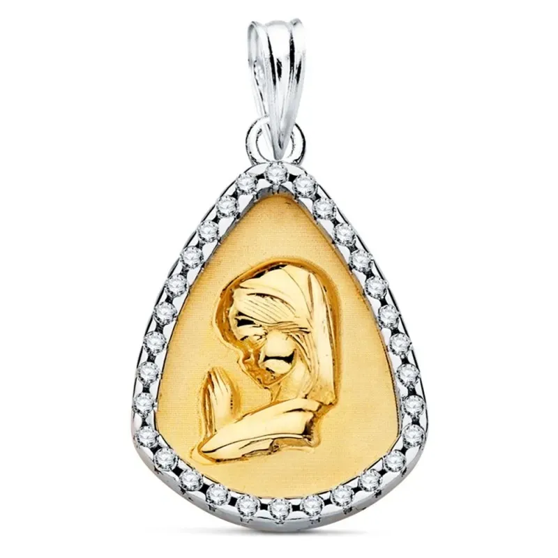 Medalla oro bicolor 18k Virgen Niña 18mm. forma lágrima cerco circoni