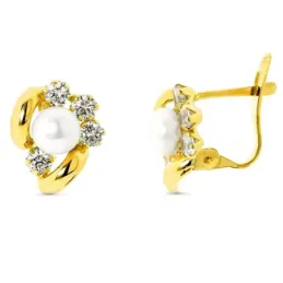 Pendientes oro 18k niña Primera Comunión perla 5mm. circonitas cierre