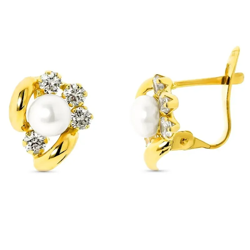 Pendientes oro 18k niña Primera Comunión perla 5mm. circonitas cierre