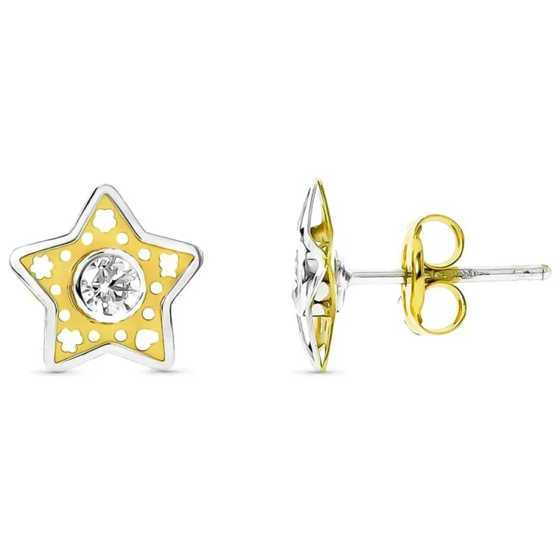 Pendientes oro bicolor 18k niña Primera Comunión estrella centro circ