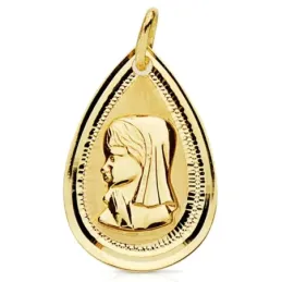 Medalla oro 18k Virgen Niña 20mm. forma lágrima detalle bisel