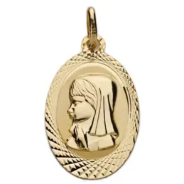 Medalla oro 18k Virgen Niña 20mm. oval detalle cerco tallado