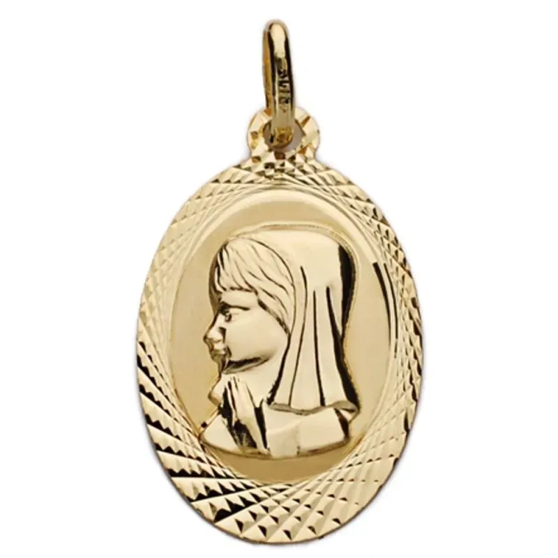 Medalla oro 18k Virgen Niña 20mm. oval detalle cerco tallado