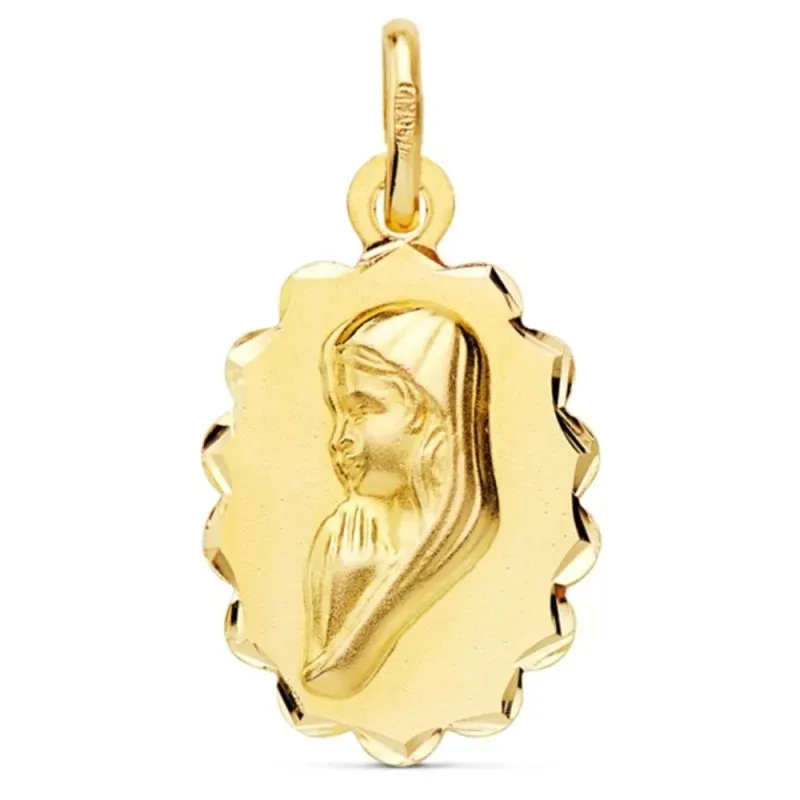 Medalla oro 18k Virgen Niña 16mm. oval detalle cerco arcos tallados
