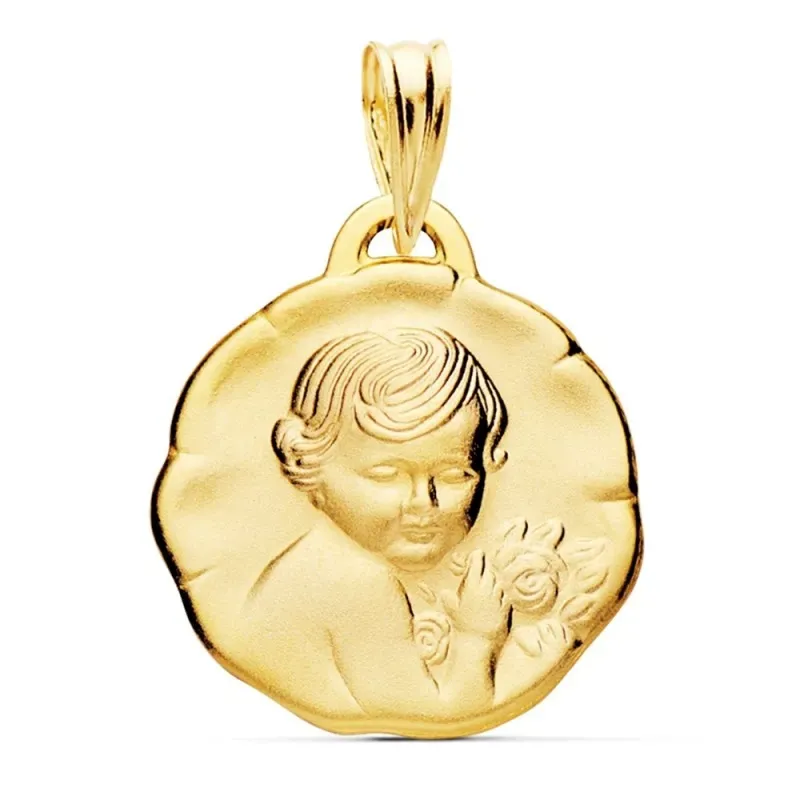 Medalla oro 18k niño flor 19mm. relieve borde irregular acabado matiz