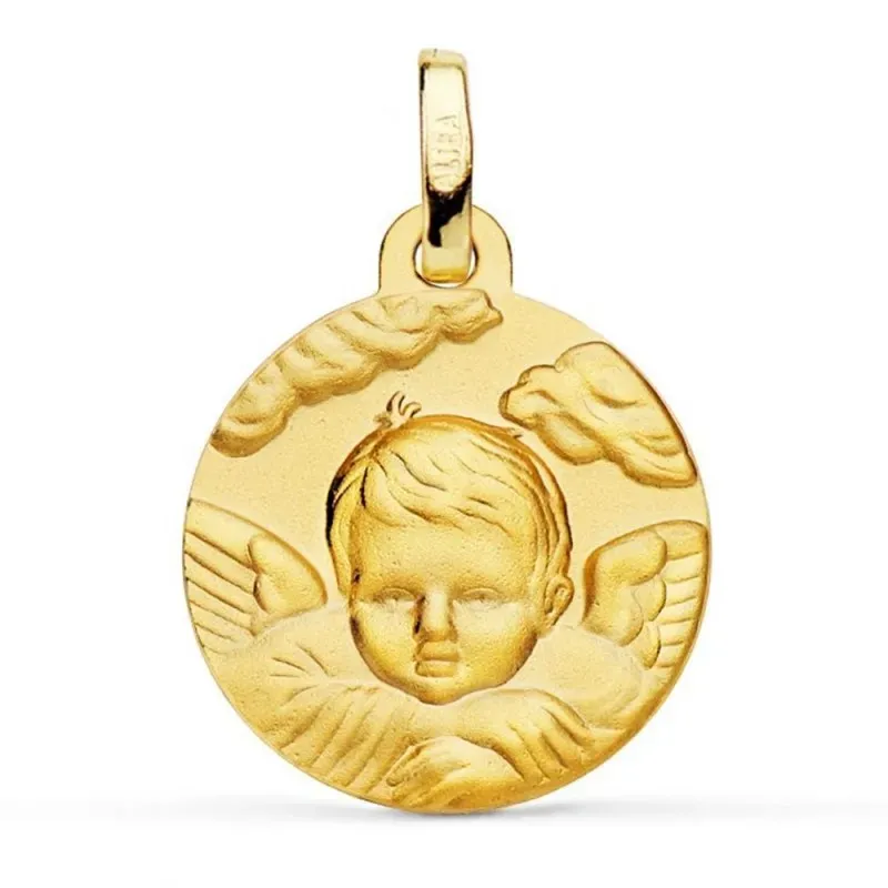 Medalla oro 18k Ángel Niño 16mm. detalle nubes relieve redonda acabad