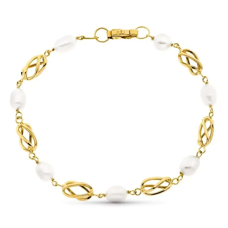 Pulsera oro 18k combinada perlas entrepiezas jaulas cierre mosquetón