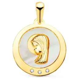 Medalla oro 18k Virgen Niña 14mm. fondo nácar cerco liso detalle circ