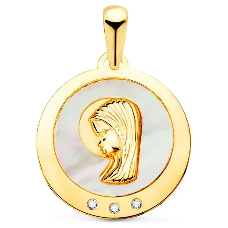 Medalla oro 18k Virgen Niña 14mm. fondo nácar cerco liso detalle circ