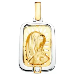 Medalla oro 18k cerco plata Ley 925m Virgen Niña 21mm. rectangular fo