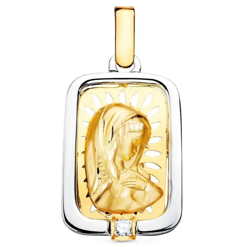 Medalla oro 18k cerco plata Ley 925m Virgen Niña 21mm. rectangular fo