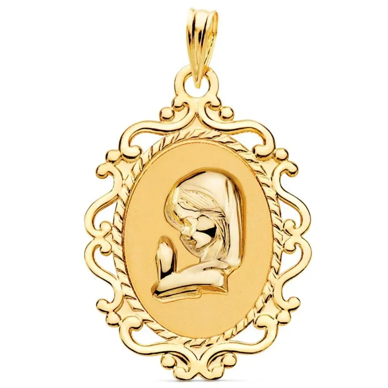 Medalla oro 18k Virgen Niña 27mm. relieve oval cerco brillo detalles
