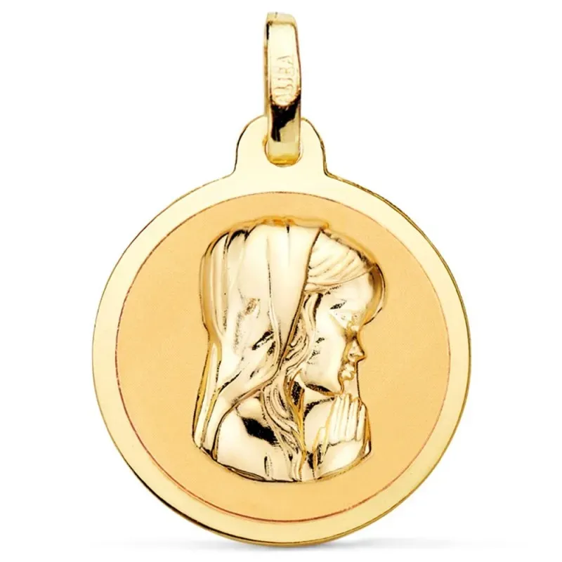 Medalla oro 18k Virgen Niña 18mm. relieve lisa brillo mate