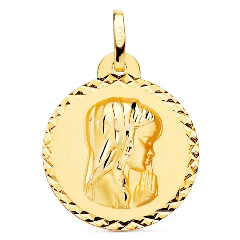 Medalla oro 18k Virgen Niña 20mm. relieve lisa redonda detalle cerco