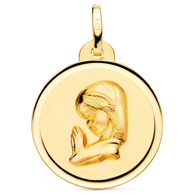 Medalla oro 18k Virgen Niña 20mm. rezando relieve lisa detalle cerco