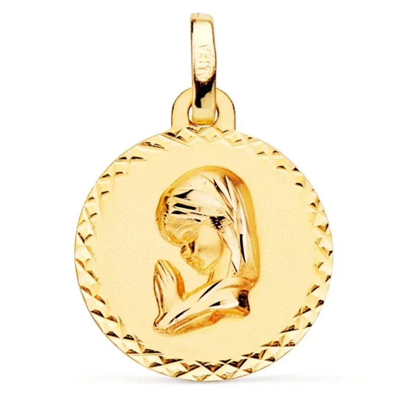 Medalla oro 18k Virgen Niña 16mm. lisa redonda detalle cerco cruces t