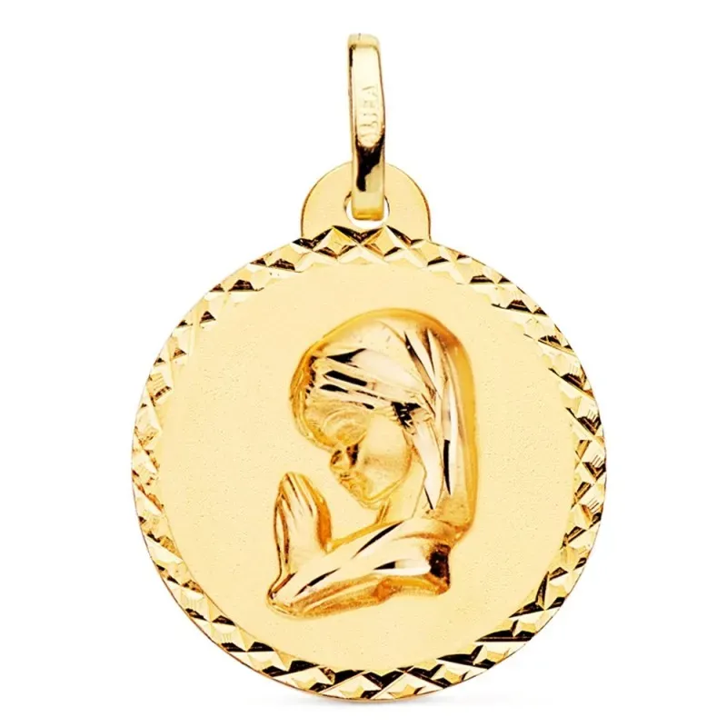 Medalla oro 18k Virgen Niña 20mm. lisa redonda detalle cerco cruces t