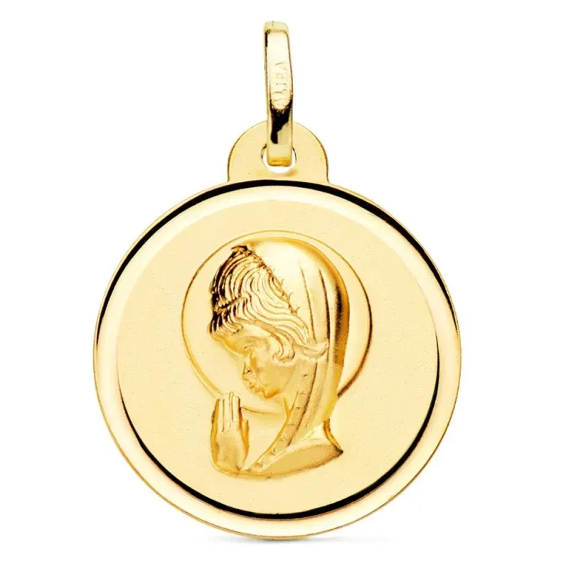 Medalla oro 18k Virgen Niña rezando 20mm. relieve lisa detalle cerco