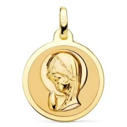 Medalla oro 18k Virgen Niña 18mm. relieve redonda lisa brillo mate